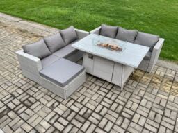 Fimous Garden Dining Sets Outdoor Rattan Furniture Gas Fire Pit Dining Table Gas Heater with Big Footstool in Light Grey - thumbnail 3
