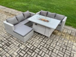 Fimous Garden Dining Sets Outdoor Rattan Furniture Gas Fire Pit Dining Table Gas Heater with Big Footstool in Light Grey - thumbnail 1
