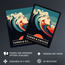 Artery8 Wall Art Print The Seaside Calls Turks & Caicos Islands Beach Sunset Woman of the Waves Sea Siren Ocean Art Framed in Blue - Size: A4 - thumbnail 2