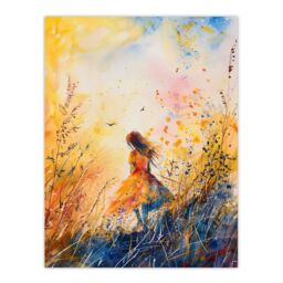 "Artery8 Little in Summer Meadow Dusk Painting Wall Art Print in Yellow - Size: W24"" x H32""" - thumbnail 1