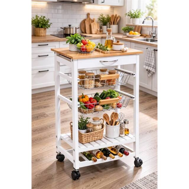 SPETLEK 5 Tier Kitchen Trolley on Wheels with 1 Drawer 2 Basket Shelf in White - image 1