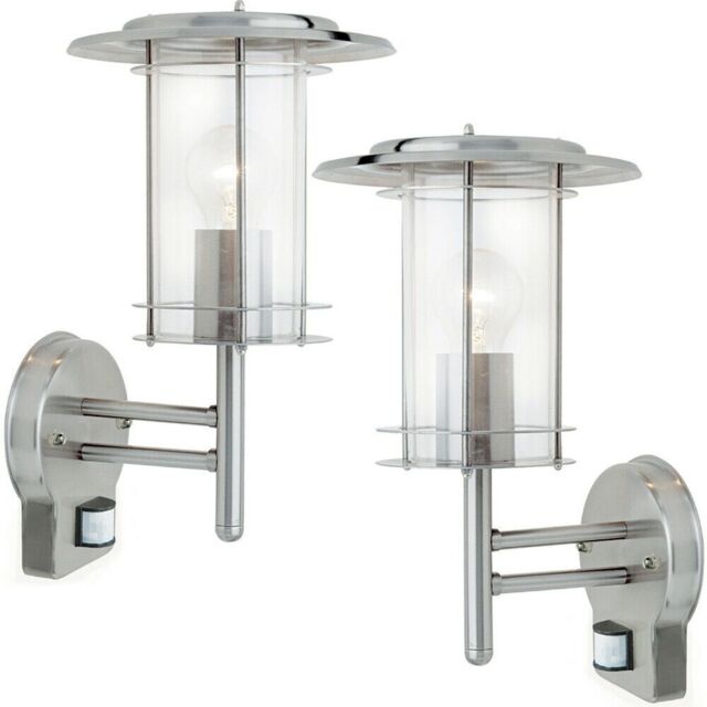 Loops 2 PACK IP44 Outdoor Wall Light Stainless Steel Lantern Glass Round PIR Outdoor in Metallics - image 1