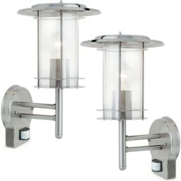 Loops 2 PACK IP44 Outdoor Wall Light Stainless Steel Lantern Glass Round PIR Outdoor in Metallics - thumbnail 1