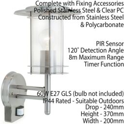 Loops 2 PACK IP44 Outdoor Wall Light Stainless Steel Lantern Glass Round PIR Outdoor in Metallics - thumbnail 3