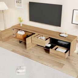 BTM TV Cabinet TV Stand Storage Drawers Doors Open Shelves Living Room in Natural - thumbnail 3