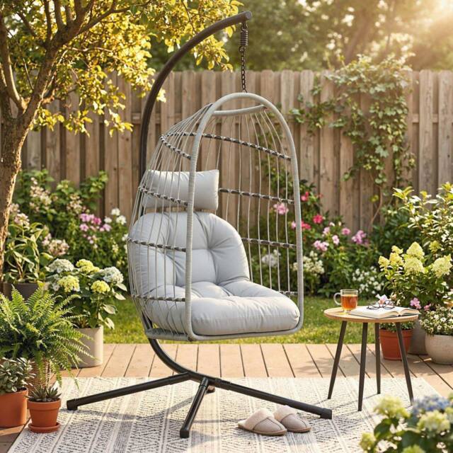 OUTSUNNY Hanging Egg Chair, Outdoor Swing Chair with Stand, Light Grey - image 1