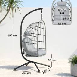 OUTSUNNY Hanging Egg Chair, Outdoor Swing Chair with Stand, Light Grey - thumbnail 3