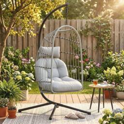 OUTSUNNY Hanging Egg Chair, Outdoor Swing Chair with Stand, Light Grey