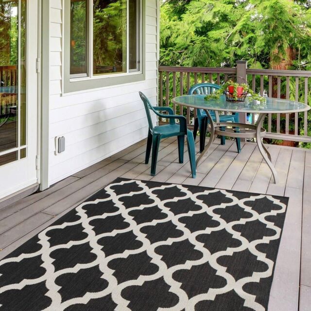 THE RUGS Outdoor Indoor Black Ivory Geometric Trellis Rug Weather Resistant - Size: 200 cm x 290 cm - image 1