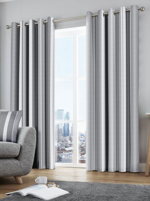 Fusion 'Whitworth Stripe' Fully Lined 100% Cotton Eyelet Curtains in Grey - Size: 117 cm width x 183 cm drop - image 1