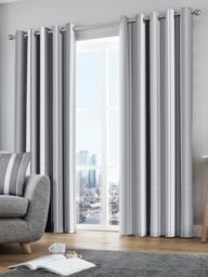 Fusion 'Whitworth Stripe' Fully Lined 100% Cotton Eyelet Curtains in Grey - Size: 117 cm width x 183 cm drop - thumbnail 1