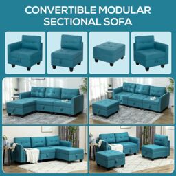 HOMCOM Convertible Modular Sectional Sofa w/ Storage Wood Frame Light Blue - thumbnail 4