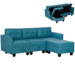 HOMCOM Convertible Modular Sectional Sofa w/ Storage Wood Frame Light Blue - thumbnail 2