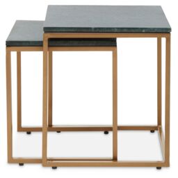 Orsina Nest Of 2 Green Marble Top Tables, Square Green Marble Surface With Gold Finish Iron Frame, Nesting Tables