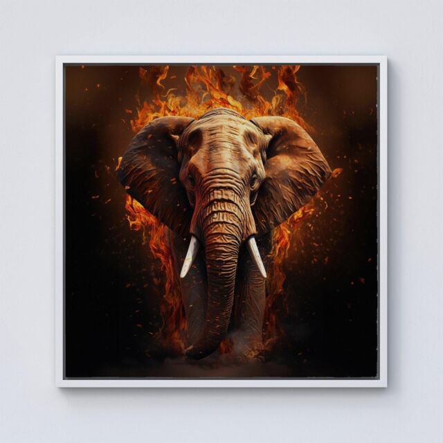 "Warren Reed - Designer Splashart Elephant & fire Framed Canvas in Off-White - Size: W30"" x H30""" - image 1