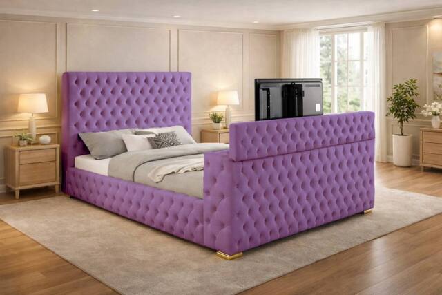 PARADISE BEDS LTD Mariana Chesterfield Upholstered TV Bed Frame With Gas Lift Storage in Purple - Size: Double - image 1