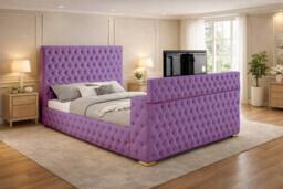 PARADISE BEDS LTD Mariana Chesterfield Upholstered TV Bed Frame With Gas Lift Storage in Purple - Size: Double - thumbnail 1