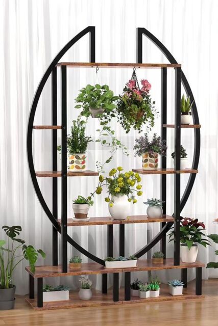 Living and Home 2 Pcs Crescent 6-tier Wood Plant Stand Flower Rack Display Shelf with Hooks in Dark Brown - image 1