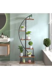 Living and Home 2 Pcs Crescent 6-tier Wood Plant Stand Flower Rack Display Shelf with Hooks in Dark Brown - thumbnail 5