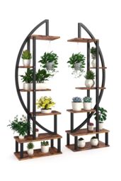 Living and Home 2 Pcs Crescent 6-tier Wood Plant Stand Flower Rack Display Shelf with Hooks in Dark Brown - thumbnail 3