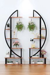 Living and Home 2 Pcs Crescent 6-tier Wood Plant Stand Flower Rack Display Shelf with Hooks in Dark Brown - thumbnail 2