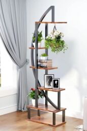 Living and Home 2 Pcs Crescent 6-tier Wood Plant Stand Flower Rack Display Shelf with Hooks in Dark Brown - thumbnail 4