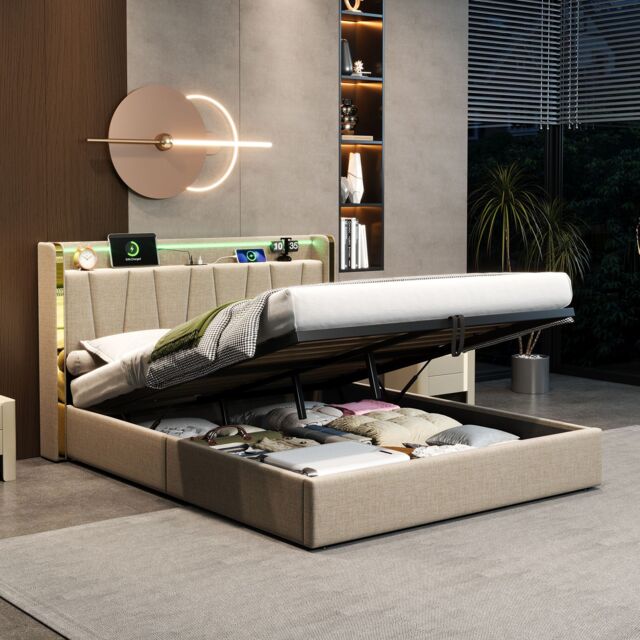 BTM Upholstered Bed with Hydraulic Storage, LED Headboard & Charging Ports in Beige - Size: Double - image 1