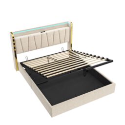 BTM Upholstered Bed with Hydraulic Storage, LED Headboard & Charging Ports in Beige - Size: Double - thumbnail 9