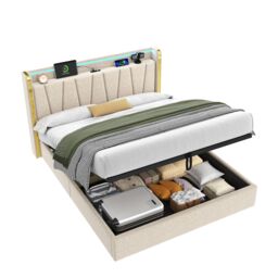 BTM Upholstered Bed with Hydraulic Storage, LED Headboard & Charging Ports in Beige - Size: Double - thumbnail 7
