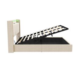 BTM Upholstered Bed with Hydraulic Storage, LED Headboard & Charging Ports in Beige - Size: Double - thumbnail 6