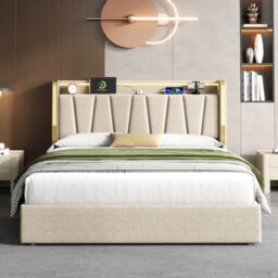 BTM Upholstered Bed with Hydraulic Storage, LED Headboard & Charging Ports in Beige - Size: Double - thumbnail 3