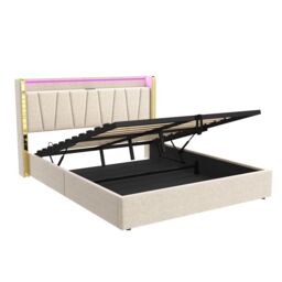 BTM Upholstered Bed with Hydraulic Storage, LED Headboard & Charging Ports in Beige - Size: Double - thumbnail 5