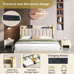 BTM Upholstered Bed with Hydraulic Storage, LED Headboard & Charging Ports in Beige - Size: Double - thumbnail 4
