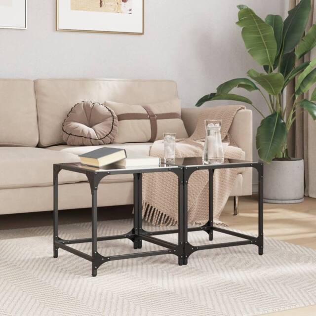 Berkfield Home Modern Coffee Tables with Black Glass Top 2 pcs 40x40x40 cm Steel - Size: 40 x 40 x 40 cm - image 1