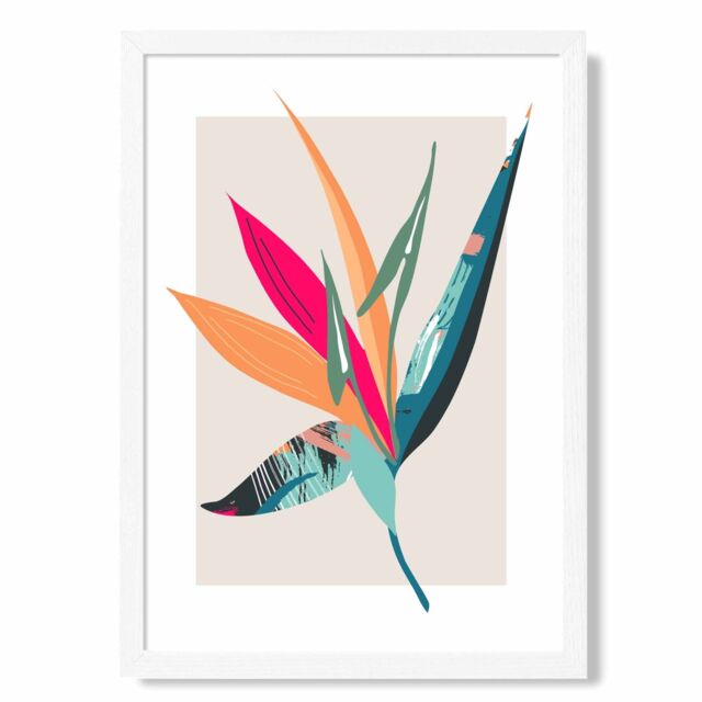 ARTZE Tropical Flower Blue & Pink Boho Botanical Framed Print SIZE: A3 with White Frame in Mid Blue - Size: A4 - image 1