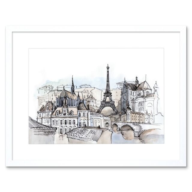 "Artery8 Wall Art Print France Ink Drawing Paris Artwork Framed 9X7 Inch in White - Size: W7"" x H9""" - image 1