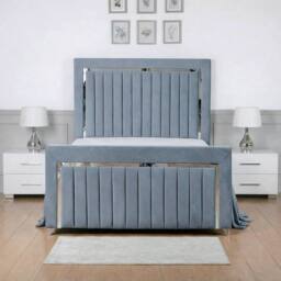 Living Comfort Bedz Chrome Edge Upholstered Slatted Base Bed with 48 Inch Headboard in Light Blue - Size: Double - thumbnail 2