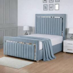 Living Comfort Bedz Chrome Edge Upholstered Slatted Base Bed with 48 Inch Headboard in Light Blue - Size: Double - thumbnail 1