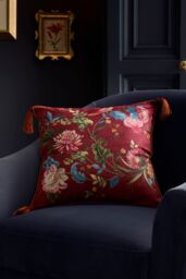 Dreams & Drapes 'Bejewelled' Hand Painted Floral Print Velvet Filled Cushion in Red - Size: 43 cm x 43 cm - thumbnail 1