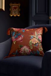 Dreams & Drapes 'Bejewelled' Hand Painted Floral Print Velvet Filled Cushion in Red - Size: 43 cm x 43 cm - thumbnail 2