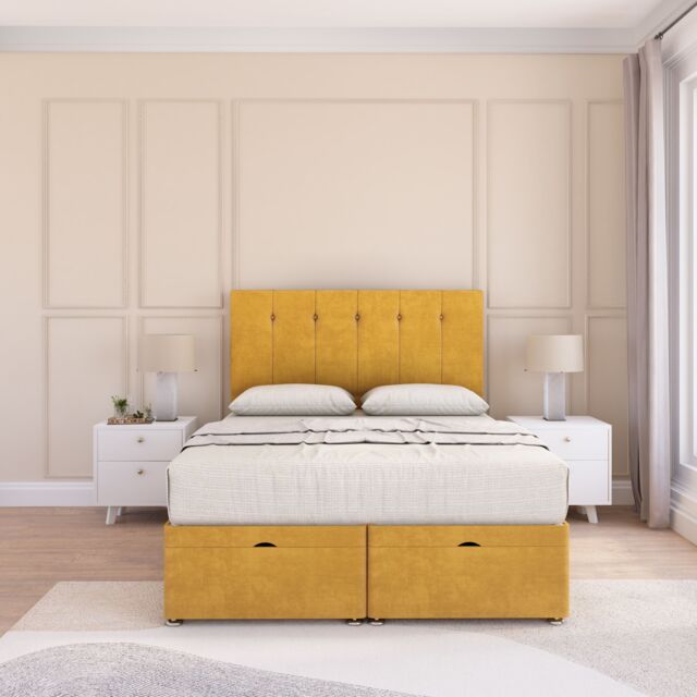 Sloomy Highbury Plush Fabric Ottoman Bed End Opening With Sprung Memory Mattress & 54 Inch Floorstanding Headboard in Gold - Size: Small Single - image 1