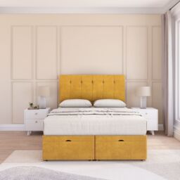 Sloomy Highbury Plush Fabric Ottoman Bed End Opening With Sprung Memory Mattress & 54 Inch Floorstanding Headboard in Gold - Size: Small Single - thumbnail 1
