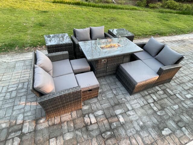 Fimous High Back Rattan Garden Furniture Sofa Set with Outdoor Furniture Gas Firepit Dining Table Set Dark Grey Mixed - image 1