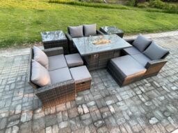 Fimous High Back Rattan Garden Furniture Sofa Set with Outdoor Furniture Gas Firepit Dining Table Set Dark Grey Mixed - thumbnail 1