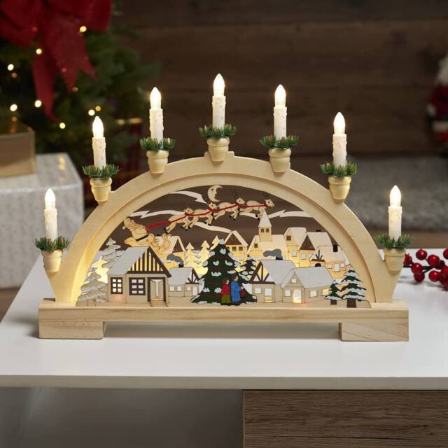 Globrite Wooden Christmas 7 LED Candle Bridge Arch Santa Village Scene Centrepiece - image 1