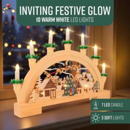 Globrite Wooden Christmas 7 LED Candle Bridge Arch Santa Village Scene Centrepiece - thumbnail 3