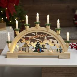 Globrite Wooden Christmas 7 LED Candle Bridge Arch Santa Village Scene Centrepiece