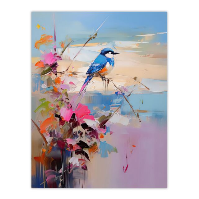 "Artery8 Wall Art Print Kingfisher Bird & Flowers Oil Painting Abstract Sandy Beach Poster in Blue - Size: W12"" x H16""" - image 1