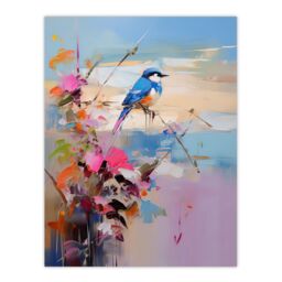 "Artery8 Wall Art Print Kingfisher Bird & Flowers Oil Painting Abstract Sandy Beach Poster in Blue - Size: W12"" x H16""" - thumbnail 1