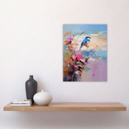 "Artery8 Wall Art Print Kingfisher Bird & Flowers Oil Painting Abstract Sandy Beach Poster in Blue - Size: W12"" x H16""" - thumbnail 4